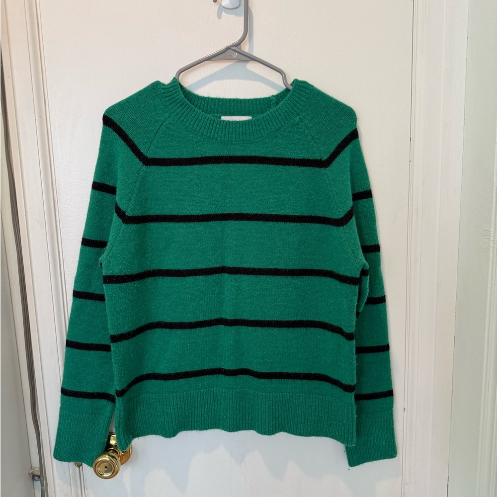 Evereve Thea Green and Black Striped Crew Neck Pullover Sweater